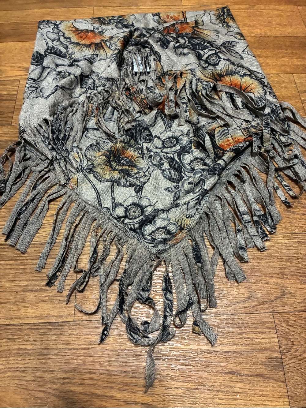 Women’s Floral Fringe Triangle Scarf in Gray, Black and Orange